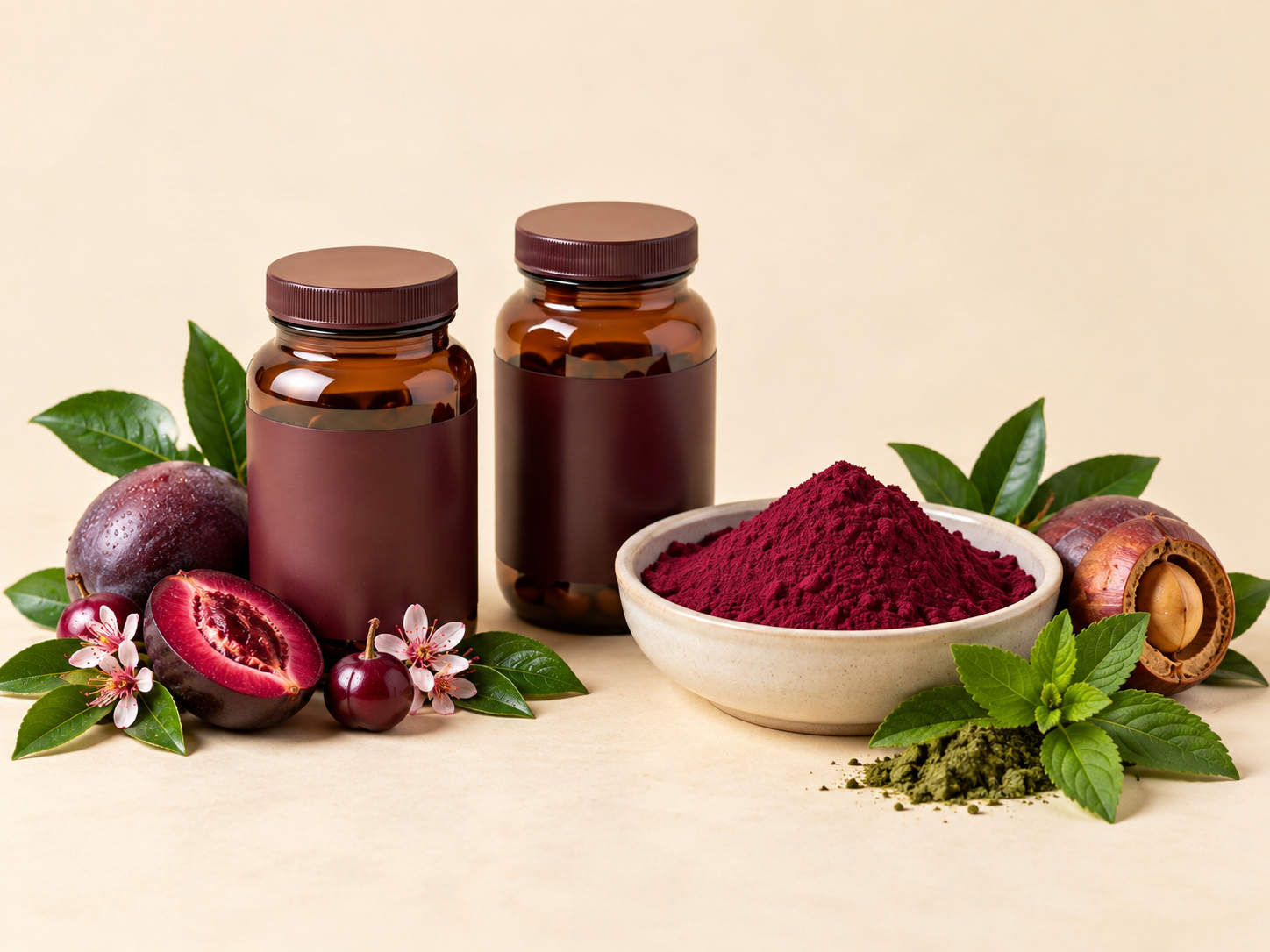 ImmuneResQ supplement jars beside botanical ingredients and deep magenta powder